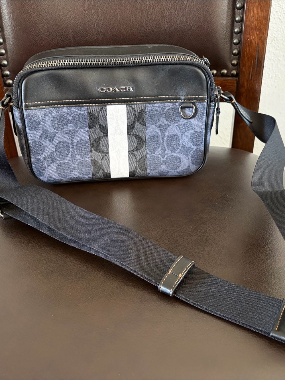Coach Crossbody Bag in Navy Blue, Black & White Stripe